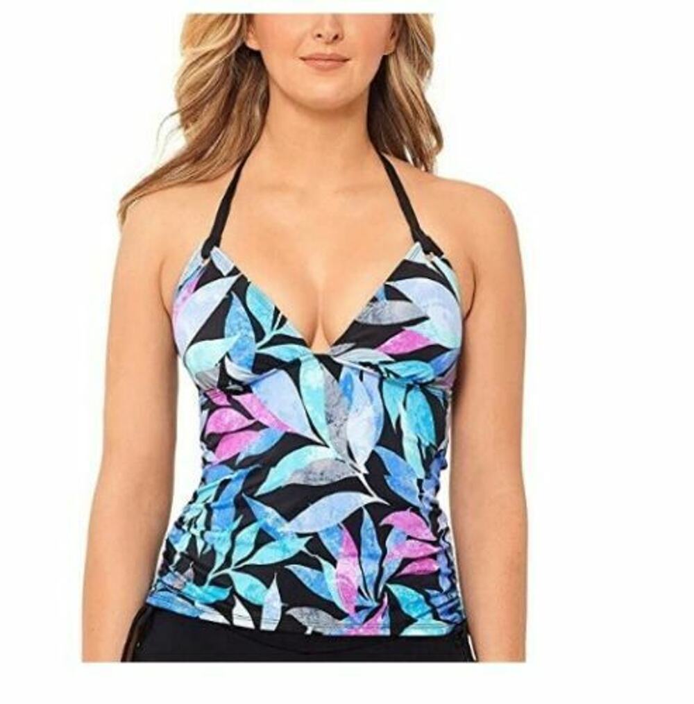 Salt+Cove Tropic Like Its Hot Printed Ruched Halter Tankini Top M Teal Blue New